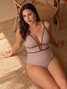 Swim Chiccia 大码女式竖条纹印花度假沙滩连体泳衣 - 彩色 - 查看 1