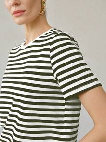 MOTF PREMIUM WOMEN'S ALL-MATCH ROUND NECK SHORT SLEEVE T-SHIRT, CASUAL VERSATILE STRIPED TOP FOR SUMMER - Green - View 3