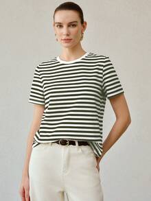 MOTF PREMIUM WOMEN'S ALL-MATCH ROUND NECK SHORT SLEEVE T-SHIRT, CASUAL VERSATILE STRIPED TOP FOR SUMMER - Green - View 5
