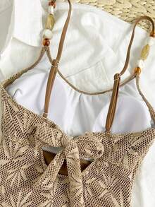 Swim Mod Spring/Summer Knit Jacquard Wireless Spaghetti Strap Backless High Cut One-Piece Swimsuit, Elegant Beach Holiday Style - Brown - View 6