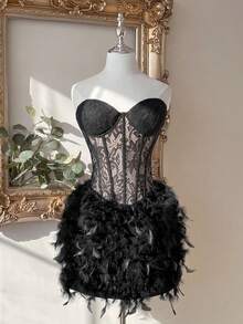 Lovelzi Elegant Black Lace Fabric Strapless Corset Bodycon Mini Dress Wedding Guest Party Cocktail Prom Banquet Dress - Black - View 1