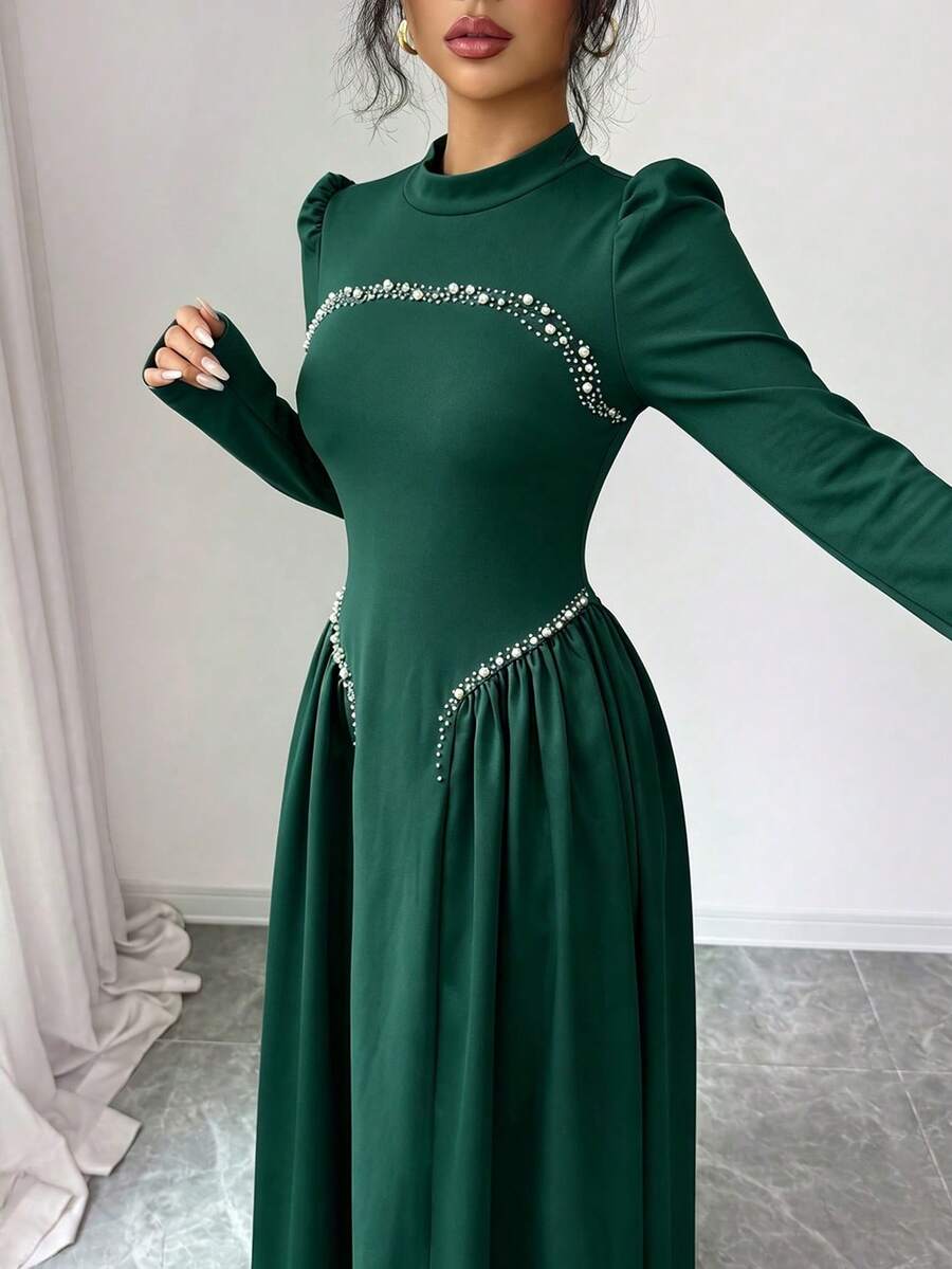 Modelyn 優雅長款酒紅色珠飾女款洋裝,適合冬季外出穿著 - 綠色 - 查看 1