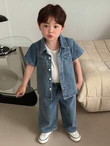 DAZY 两件套幼儿男童夏季休闲牛仔衬衫（带领）和短裤套装 - 藍色 - 查看 4