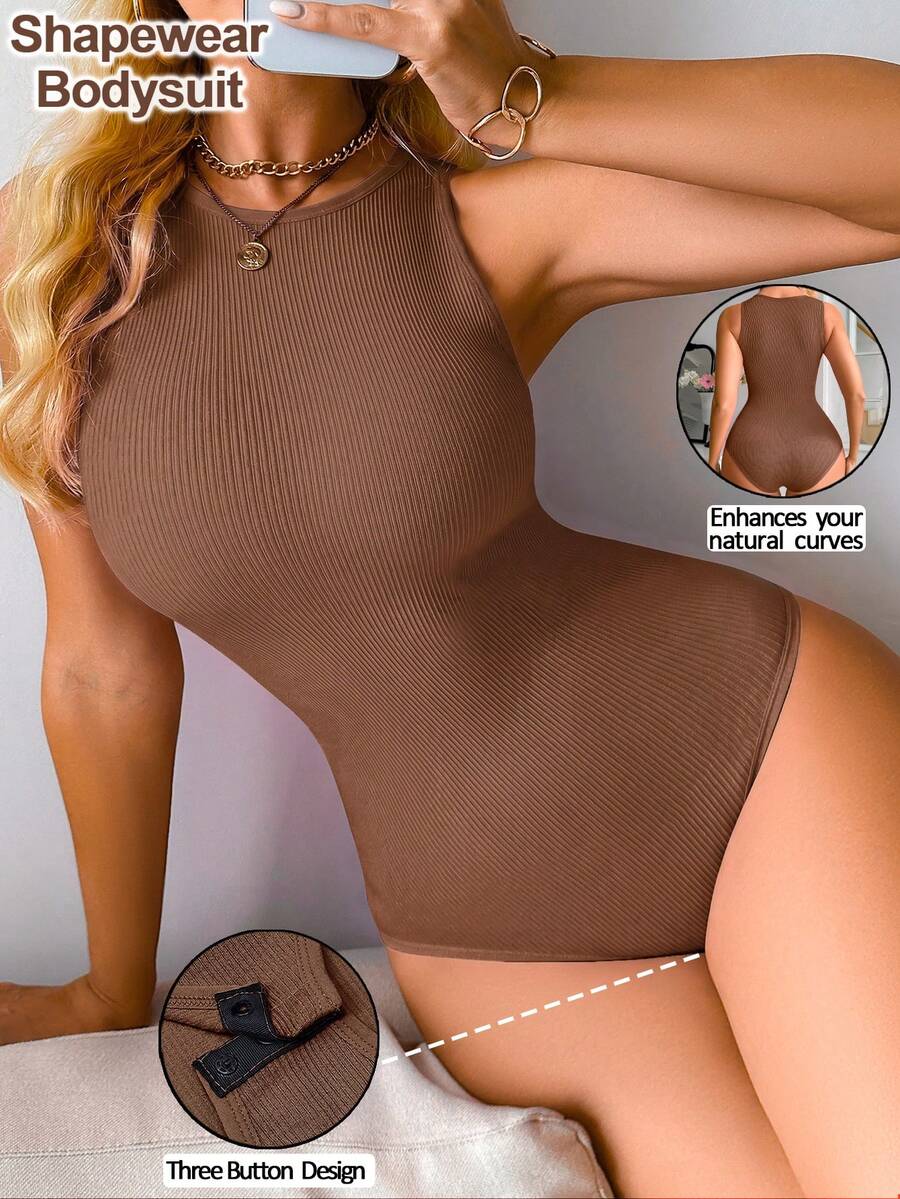 Women Casual Solid Color Crew Neck Sleeveless Body Suit , Briefs With Buckle Design ,Ribbed Tummy Control Seamless Tank Top Bodysuit - Coffee Brown - View 1