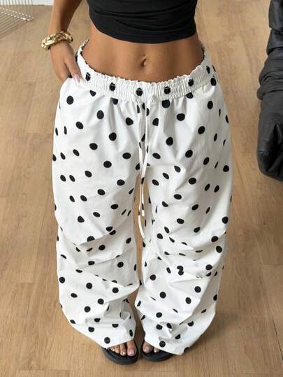 Coolane Women's Summer Streetwear Casual Cute Y2K Sport Game Day Basic Daily Wear Graphics Polka Dot White Baggy Low Rise Parachute Wide Leg Sweatpants
