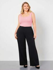SHEIN BASICS Plus Size Women Solid Color Square Neck Casual Cute Versatile Tank Top House Light Pink Summer Tops - Pink - View 3