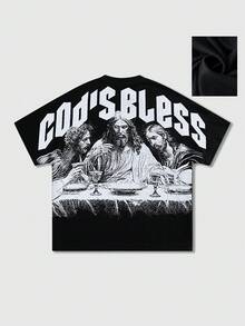 ROMWE MEN Men's Jesus Print Short Sleeve T-Shirt, Suitable For Spring And Summer - Black - View 2