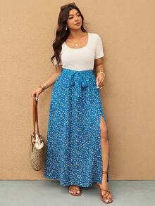 Elaquor Plus Size Women Patchwork Ditsy Floral Side Slit Hem Casual Dress - Royal Blue - View 1