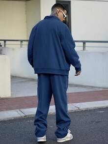 Devon Thys 2 件男士休闲撞色饰边拉链夹克和抽绳腰裤套装男士运动服男士 2 件套，秋季服装 - 藏蓝色 - 查看 2