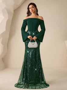 Coutiva Women's Beaded One-Piece Formal Wedding Guest Prom Prom Night Evening Gown (Heavily Embellished) Sage Green Fall Romantic Sexy - Dark Green - View 8