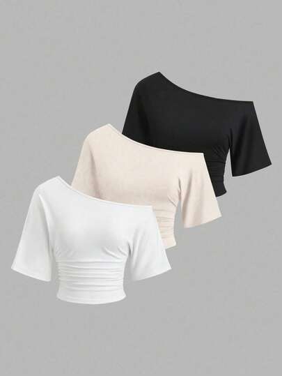Sweetra Women's 3 Pieces Set Oblique Shoulder Gathered Waist T-Shirt