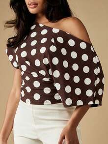 MISSGUIDED Off Shoulder Polka Dot Blouse With Side Tie Detail Brown And White Spotted Asymmetrical Neckline Top - Brown - View 4