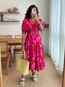 Enliva 加大码褶皱短袖褶饰数字全身印花连衣裙新年服装长款女装 - 紅色 - 查看 3