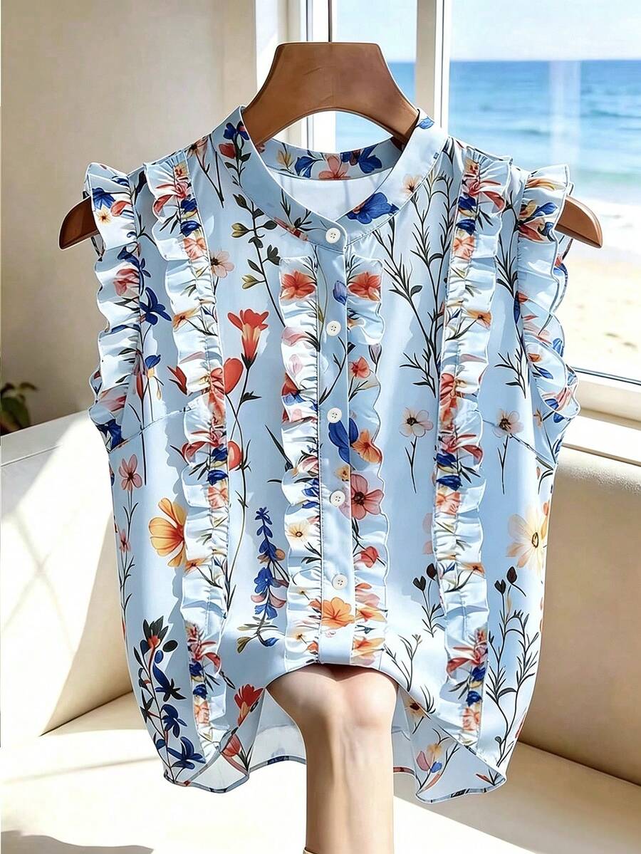 SHEIN Franclia 法式复古夏季花卉印花荷叶边纽扣前襟衬衫 - 淺藍色 - 查看 1