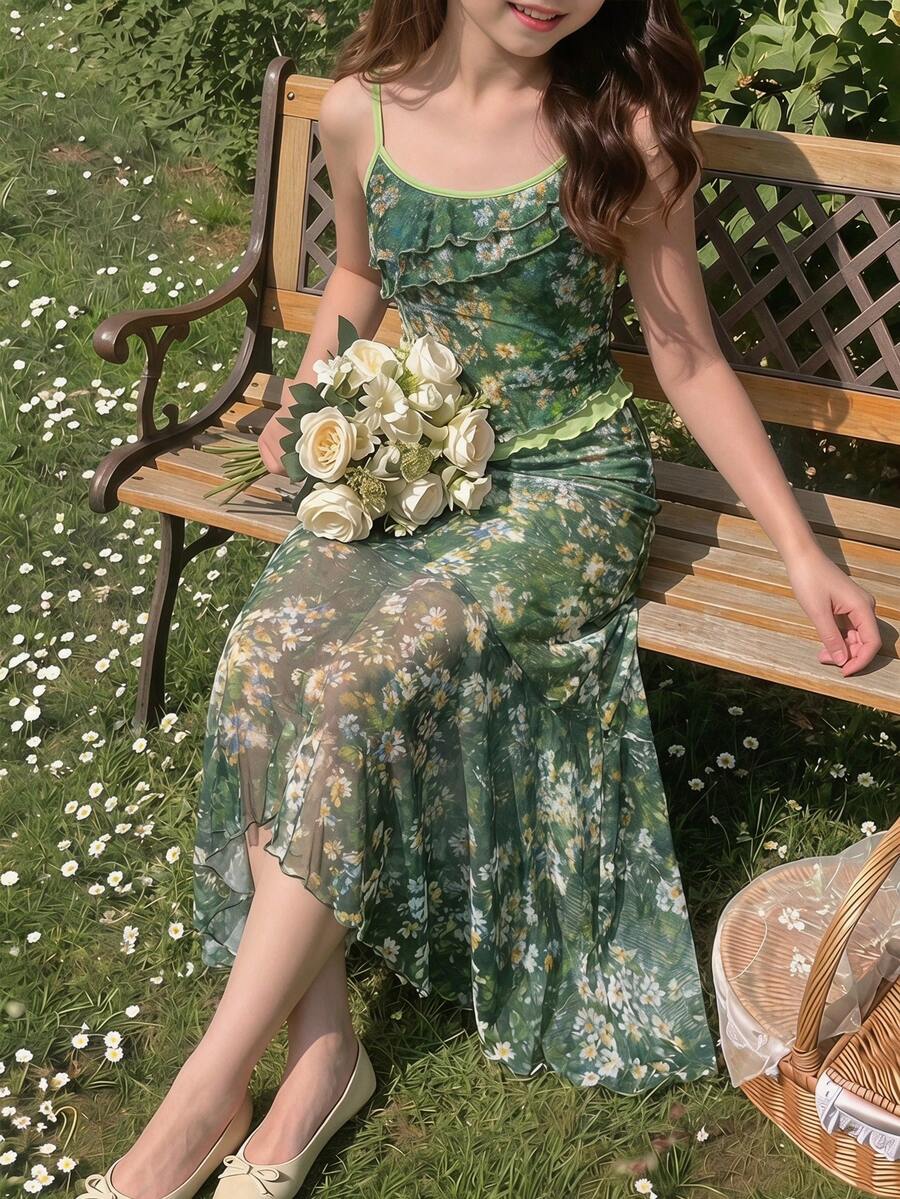 SHEIN 儿童少女复古绿色油画植物印花网纱两件套,美人鱼裙套装 – 非常适合度假、野餐、派对和节日活动。绿色两件套,少女绿色夏季套装,印花裙套装,度假绿色套装,夏季服装。 - 綠色 - 查看 1