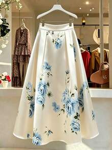 SHEIN Women's Elegant Summer Satin Midi Skirt,Blue And White Flower Rose Print Pleated A-Line Skirt,Casual Beach Party Birthday Graduation Outfit Suit - Blue - View 1