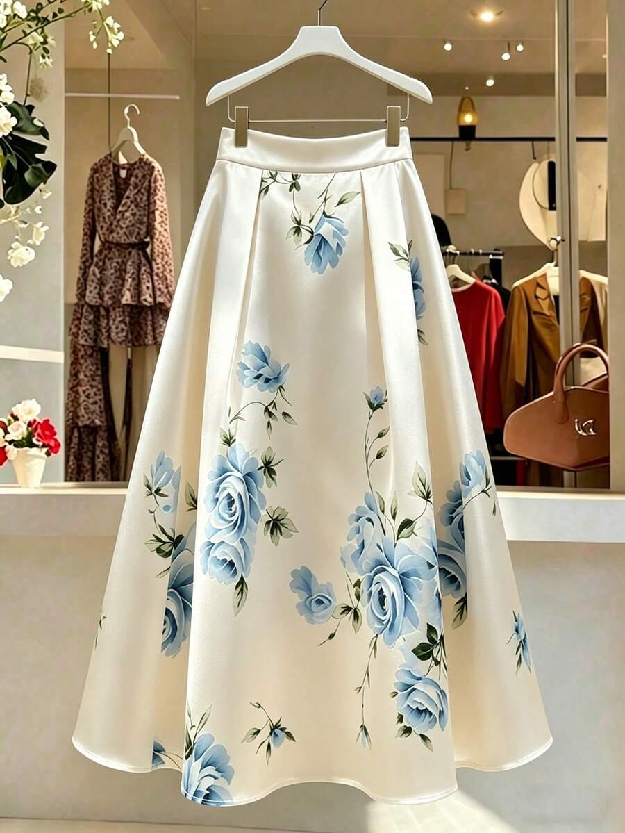 SHEIN Women's Elegant Summer Satin Midi Skirt,Blue And White Flower Rose Print Pleated A-Line Skirt,Casual Beach Party Birthday Graduation Outfit Suit - Blue - View 1