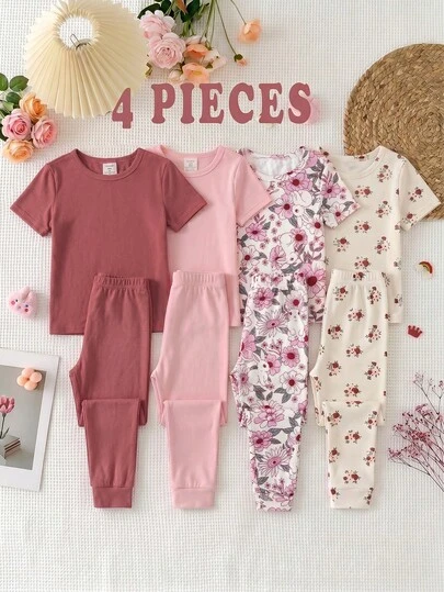 SHEIN 4pcs Young Girl Casual Minimalist Snug Fit Round Neck Short Sleeve Top And Pants Loungewear Set, Suitable For Spring And Summer