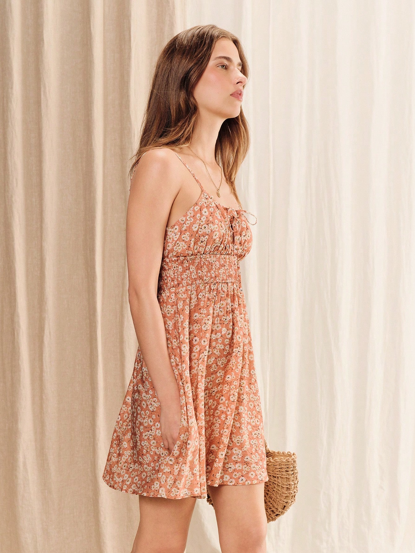 Terracotta Floral Polka-Dot Mini Dress With A Tie Neckline And A Smocked Waist Spring Summer Casual Holiday Dress Orange Dress French Style Dress