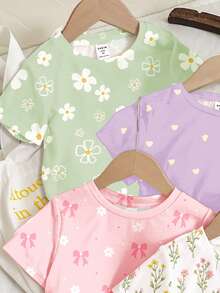 3件裝 Twirl Into Spring & Summer 奶油色花卉、雛菊、植物、蝴蝶結系列T恤套裝，4件裝少女休閒極簡短袖圓領T恤，適合四季日常穿著，適用於校園、外出、街頭、度假、返校，春夏舒適自在，時尚女孩休閒穿搭，兒童波西米亞花卉圖案T恤，時髦新風格，Chill Chill，返校，Chill Vibe，女孩風 - 彩色 - 查看 6