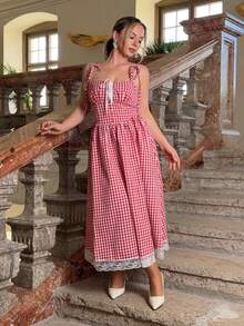 Jeta Ari Red & White Plaid Romantic Cute Countryside Style Midi Dress,Beach Dress,Vacation, Valentine's Day Dress, Garden Party Dress Elegant Summer - Red and White - View 6