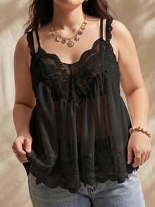 Solflare Áo camisole mùa hè dành cho nữ cỡ lớn, màu trơn, phối lưới, xuyên thấu. - màu đen - Xem 4