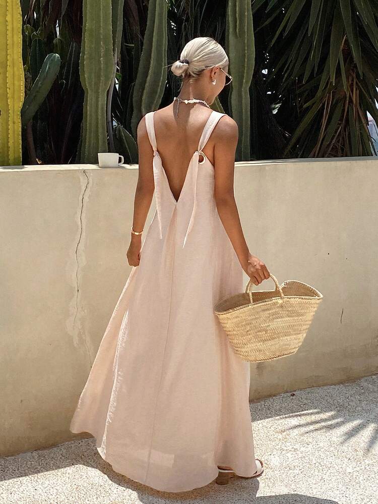 Women's Solid Color Loose V-Neck Backless Tie Elegant Vacation Summer Dress