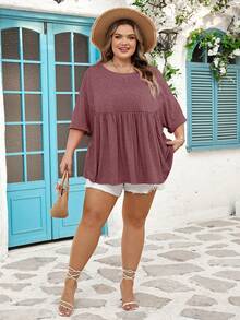 SHEIN CURVE+ Curve 尺码 US22 音乐节、海滨度假、波西米亚风女士超宽松弹力娃娃衫 T 恤 - 棕色 - 查看 7