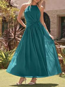 Amorya Women's Teal Elegant Halter Neck Ruched Long Dress, Summer Tropical Holiday Vacation Outfit, Wedding Tea Party Guest Bridesmaid Formal Evening Gown - Aqua Blue - View 4