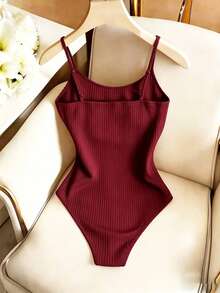 de mujer de unicolor, camiseta sin mangas, capa base casual, adecuado para salidas, vacaciones, playa, uso diario - Burdeos - Ver 8