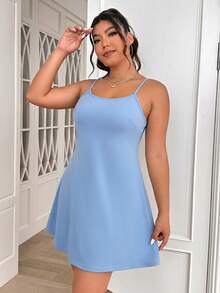 SHEIN EZwear Plus Size Women Fashion Versatile Solid Color Spaghetti Strap Backless Dress - Sky Blue - View 3