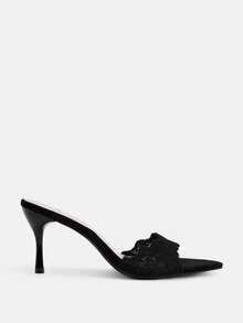 Glitzique Spring/Summer Women's Embroidered Fabric Open Toe High Heel Mule Slippers, Classic White And Black Colors, Suitable For Mother's Day - Black - View 4