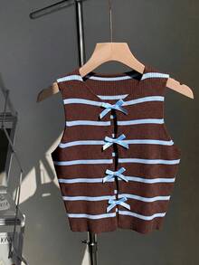 Comfortcana Áo dệt kim không tay nữ kiểu dáng tối giản màu nâu và xanh kẻ sọc trang trí nơ, thích hợp mặc đi học. - Nhiều màu - Xem 6