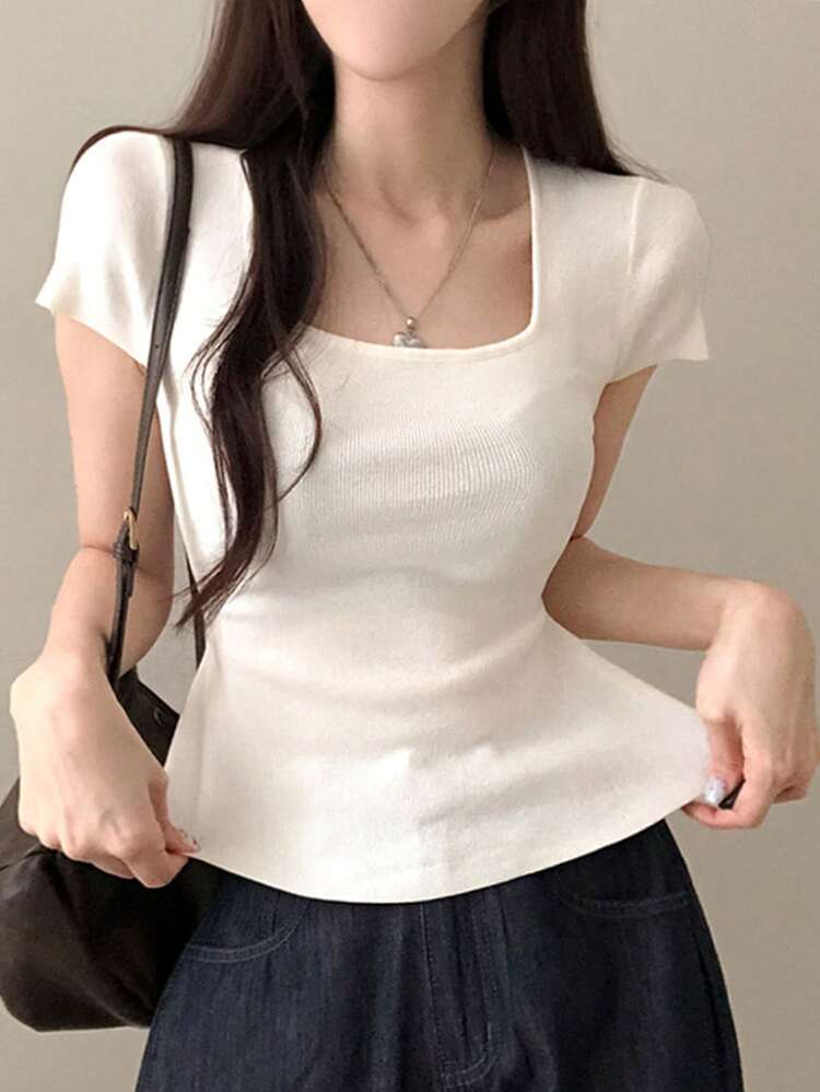 Women's Square Neck Solid Color Knit Sweater Cute Tops Summer