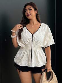 Enliva Áo kiểu nữ cỡ lớn màu trơn cổ chữ V sâu với bèo nhún ở eo và gấu áo; Áo kiểu in hoa màu kem thanh lịch với viền đen ở cổ chữ V; Áo kiểu tay phồng; Áo kiểu bèo nhún màu trắng; Áo sơ mi trắng; Áo kiểu nữ thanh lịch; Áo kiểu retro mùa hè; Áo kiểu cổ chữ V tay phồng cho nữ; Áo sơ mi màu kem. - Màu be - Xem 6