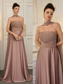 Poshira Vestido de noche de satén fruncido y ajustado sin tirantes para mujer, vestido de cóctel elegante de alta gama - Caqui - Ver 7