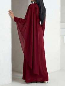 Veilorie Women's Elegant Rhinestone Decor Asymmetrical Sleeve Ruched Waist Arabic Style Dress - Burgundy - View 2