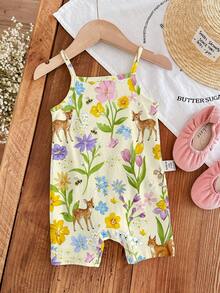 SHEIN LMoss Kids 【随机4件，送1件】女婴可爱公主风印花图案，小鹿，复古花朵，压花，波西米亚野花，植物，复古植物，粉彩花卉自然风，园艺爱好者礼物，休闲舒适，婴幼儿图案，女婴休闲吊带连体衣，适合春夏穿着，可爱夏季服装，夏季儿童用品，夏季外出用品，韩版风格，轻松舒适，时尚童装，Y2K，卡哇伊，派对，日常，度假，可爱，舒适 - 彩色 - 查看 5