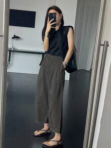 DAZY 女款休閒通勤素色彈性腰寬鬆小版型長褲 - 深灰色 - 查看 2