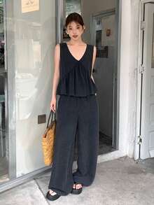 DAZY 女士纯色韩版无袖上衣和宽松阔腿裤两件套家居服套装，夏季短款套装 - 灰色 - 查看 5