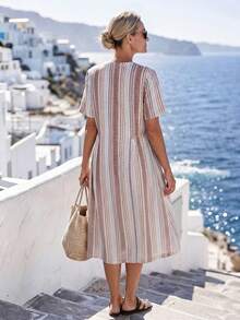 Faunlyn Women's Striped Multicolor Button Half-Placket Round Neck Dress - Multicolor - View 2