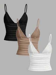Tseoso Set di 3 canotte a fascia aderenti con arricciature in cotone al 95% nei colori nero, bianco e marrone - Abbigliamento sportivo estivo e per tutte le stagioni per sport, fitness, palestra, dormitorio, stile "soft girl", "clean girl", ritorno a scuola e abbigliamento da spiaggia - Multicolore - Visualizzare 2