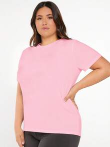 SHEIN BASICS Áo thun nữ cỡ lớn, màu trơn, cổ tròn, tay ngắn, kiểu dáng thường ngày, đa năng. - Màu Hồng baby - Xem 5