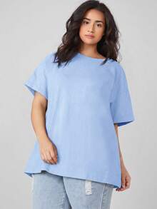 SHEIN BASICS 大码女式纯色圆领短袖休闲百搭T恤 - 藍色 - 查看 6