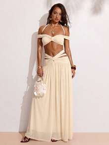 SHEIN BAE Chân váy maxi nữ kiểu dáng bất đối xứng, trang trí kim loại, thích hợp cho kỳ nghỉ thường ngày, ngày Valentine, lễ hội âm nhạc, tụ họp bạn bè, màu đỏ nâu, đi biển. - Màu be - Xem 4