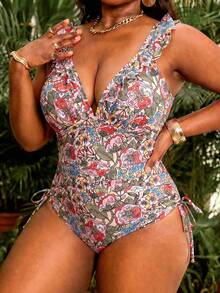 Swim Vcay Plus Size Women 2pcs/Set Random Print Elegant Flounce Tankini Swimwear Vacation Beige Summer - Multicolor - View 3