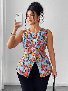 Elenzga Áo kiểu dáng thanh lịch, cỡ lớn, cổ tròn, in hoa, ôm sát, không tay, mở phía trước, áo mùa hè, áo kiểu hoa mùa hè cho nữ, áo đi nghỉ mát sành điệu, trang phục mùa hè cho nữ, áo kiểu thanh lịch cho nữ, áo kiểu thường ngày cho nữ, áo hoa. - Nhiều màu - Xem 8