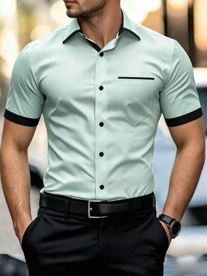 Manfinity Bizformal Áo sơ mi nam tay ngắn phối màu tương phản, thích hợp mặc đi làm, đi chơi, dạo phố mùa hè.