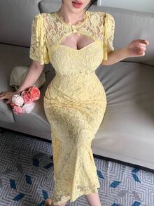 DAZY Đầm dài ren cổ tròn thanh lịch dành cho nữ, thích hợp cho mùa xuân và mùa hè. - Hồng - Xem 1