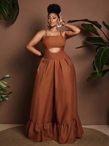 Maweii Bộ jumpsuit hai dây gợi cảm màu trơn khoét eo dành cho nữ cỡ lớn - màu nâu - Xem 1